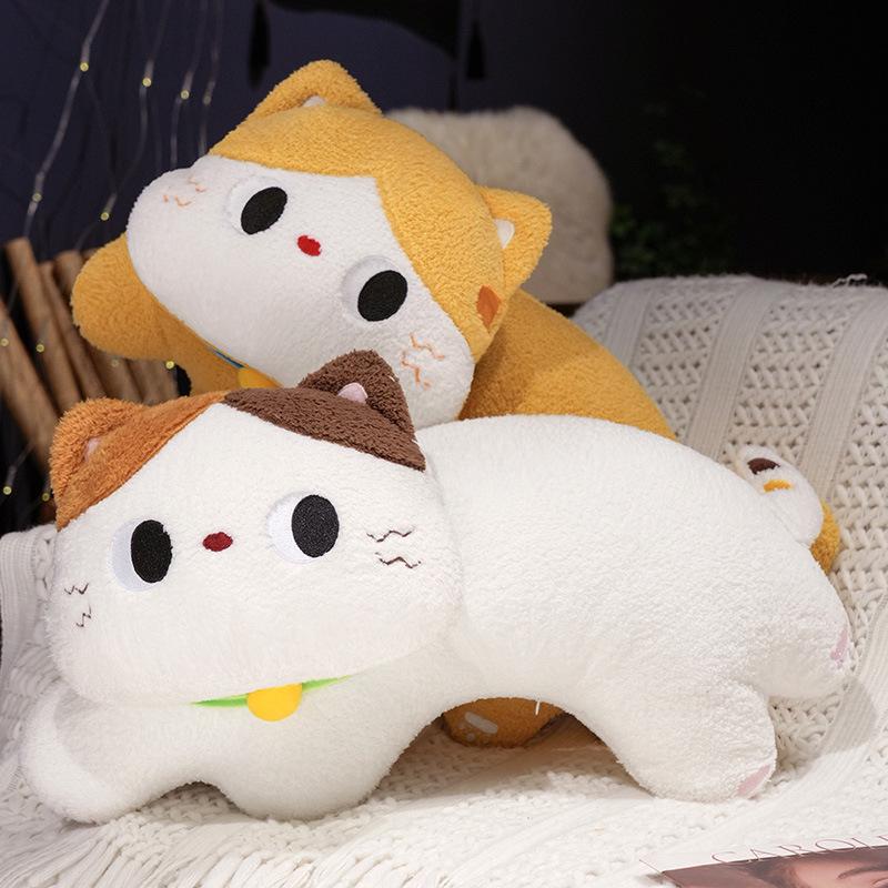 Japanese Three-Color Cat Plush Hugging Pillow for Girls' Bed - Cute Curved Sleep Doll