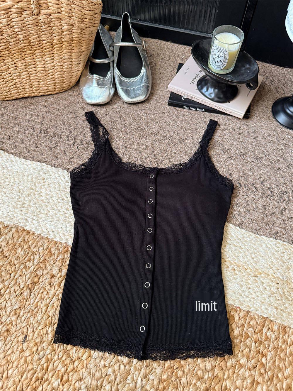 Women s Summer Retro Lace Trim Camisole Vest with Chest Pads One Size чёрный