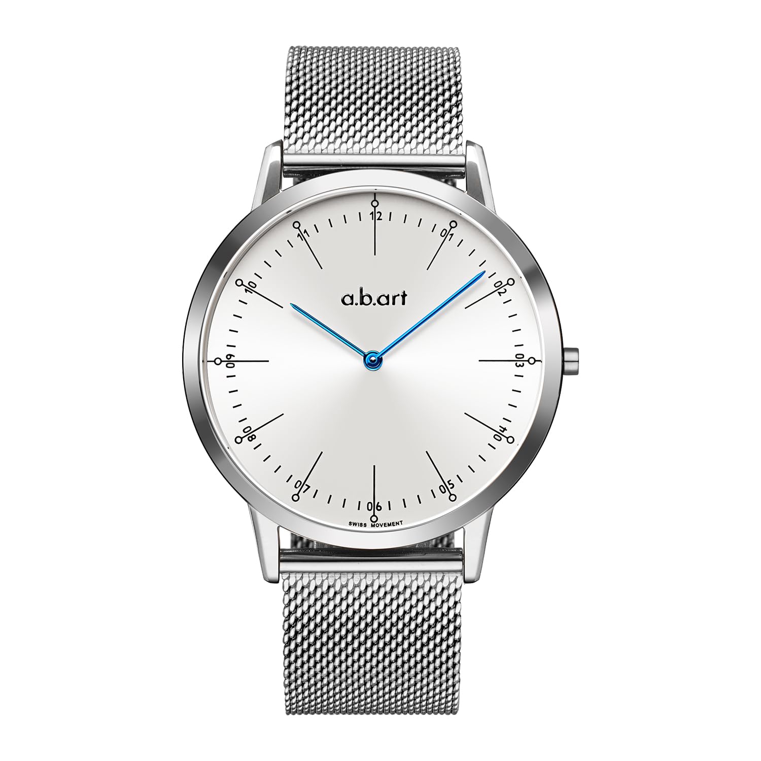 

Чоловічий годинник a.b.art, Швейцарський механізм, Сапфірове скло, Білий циферблат, Сріблястий сітчастий ремінець з нержавіючої сталі, Тонкий, Водонепроникний, Аналоговий, Простий, Діловий,