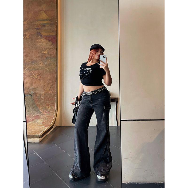 

Brother Nan Chubby Gyaru European and American Slightly Flared Jeans Women Plus size High Waist Slimming Chubby Girl Summer New Mop Pants Black Gray 3XL