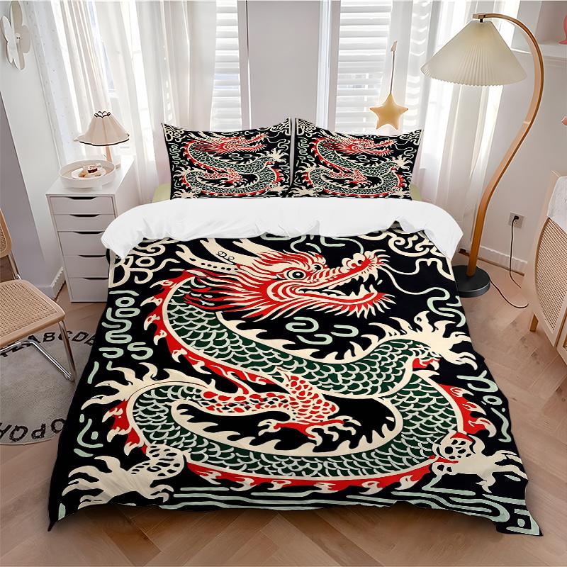 3pcs Chinese Dragon Bedding Set, Including 1 Quilt Cover and 2 Pillow Shams, Without Filling, Soft and Comfortable Home Bedroom Fabric, Fash