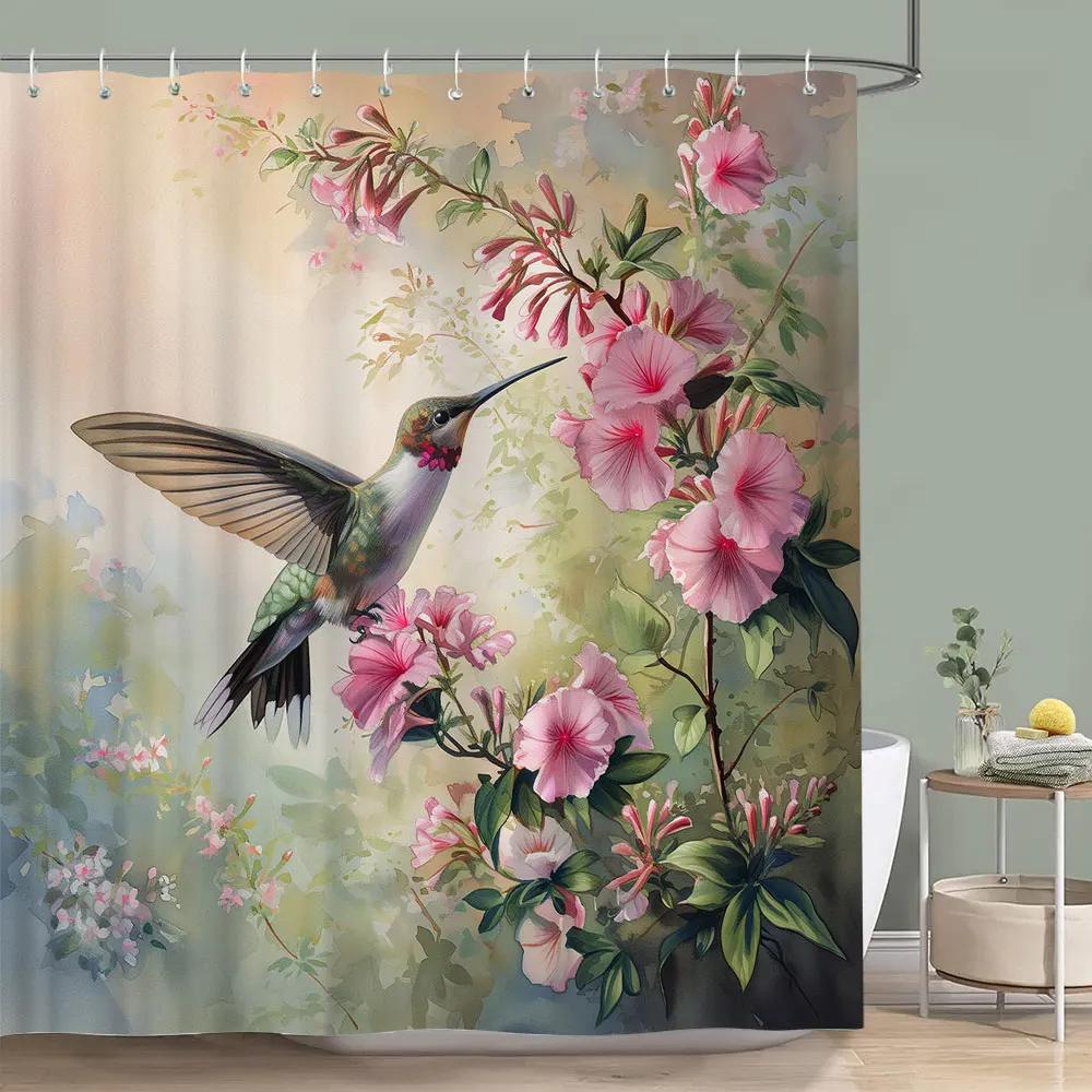 Wunderschöner Kolibri Blumen Duschvorhang Schmetterling Blume Botanischer Aquarelldruck Polyester Duschvorhang Badezimmerdekor