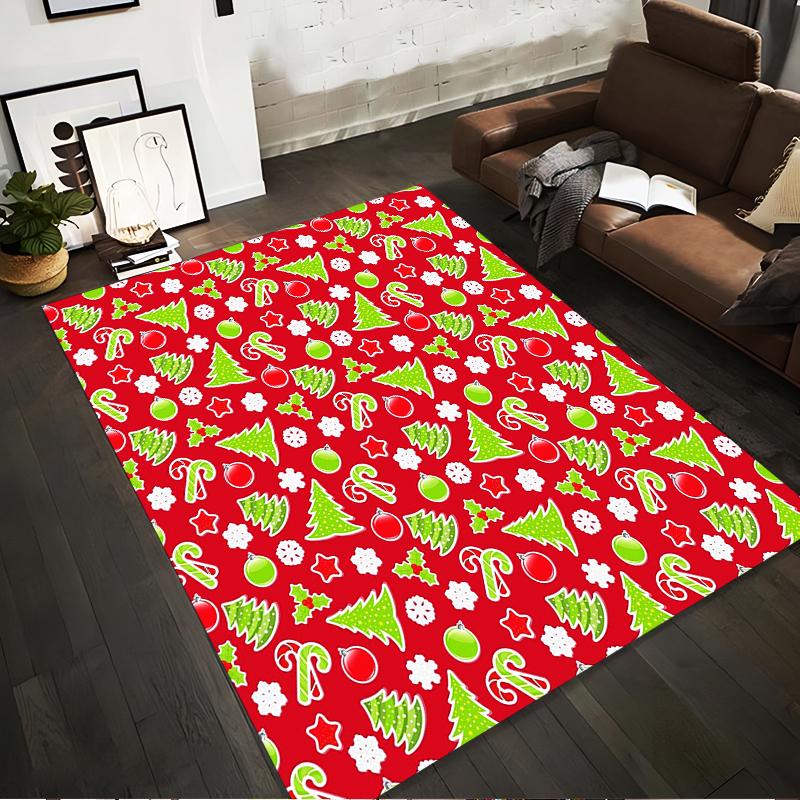 Christmas Pattern with Trees and Ornaments Non-slip rug suitable for living room and bedroom sofas.