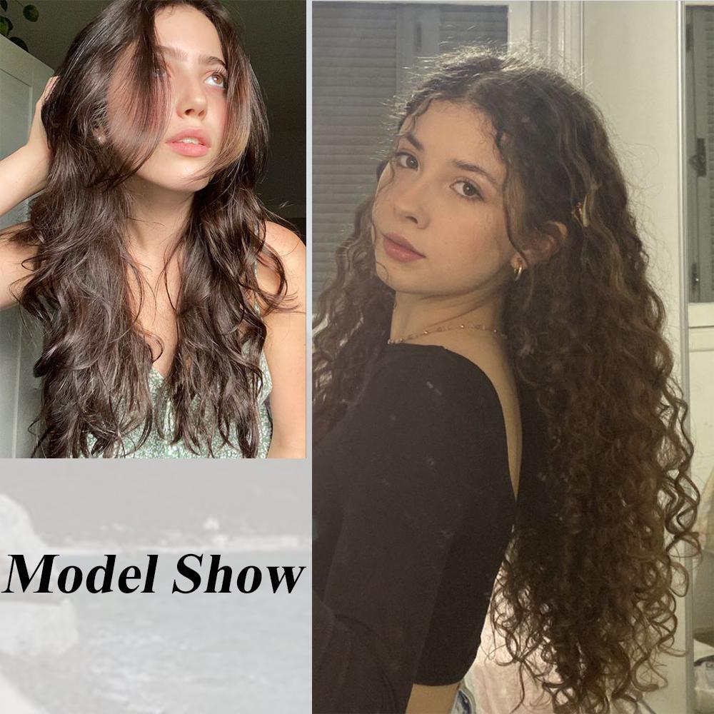 Bybrana V-formede hårforlengelser vann krusninger svart brunt syntetisk hår parykker