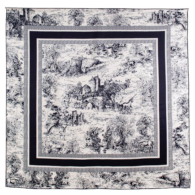 Women's 100% Mulberry Silk Retro Jungle Castle Print Scarf – Elegant High-End Light Luxury Shawl