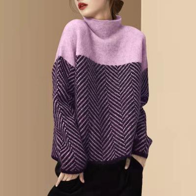 Maglione da Donna a Collo Semi-Alto Manica Lunga Color Block Vestibilità Ampia Maglia Top Autunno Inverno Spesso Caldo Pullover