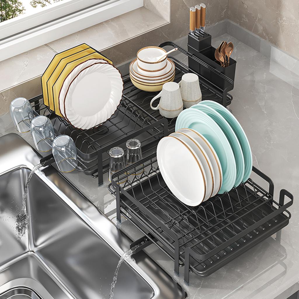 Flat Wire Edge Telescopic Dish Rack (with Cup Holder)