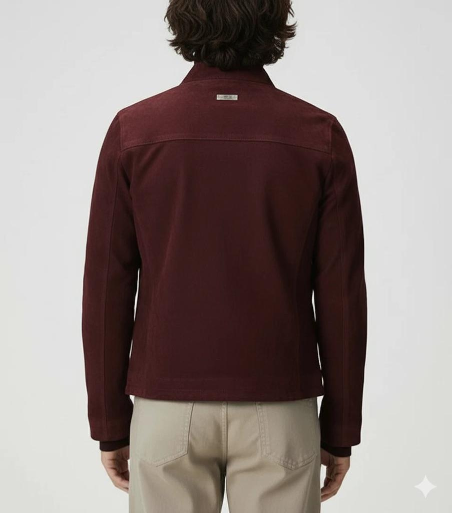 Oryginalna Męska Kurtka Ręcznie Robiona Zamszowa Skóra Jagnięca Biker Casual Motocyklowa Bordowa