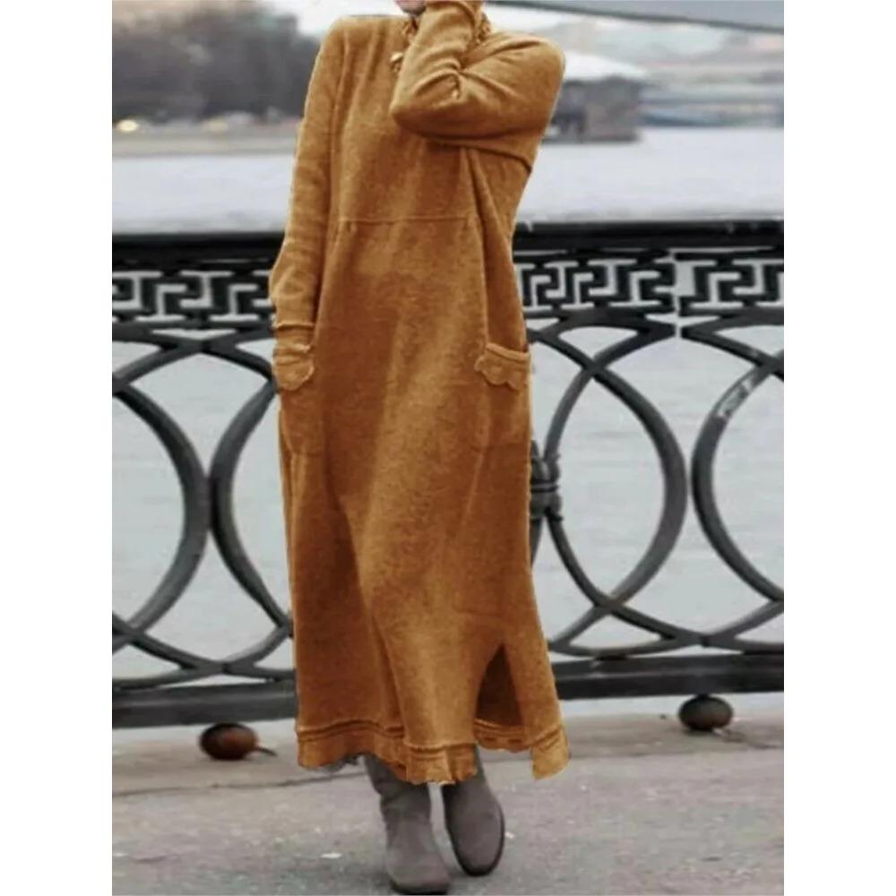 Yeni Sonbahar ve Kış Gevşek Uzun Etek Artı Kadife Sweatshirt Günlük Elbise Kadın Moda Düz O Yaka Uzun Kollu Tatil Elbisesi