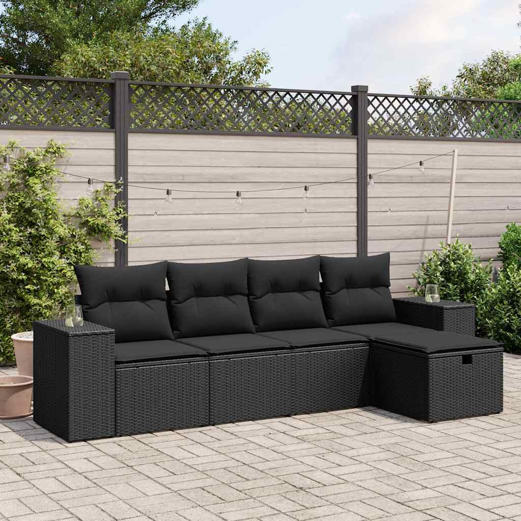 5 Piece Garden Sofa Set with Cushions Black PE Rattan