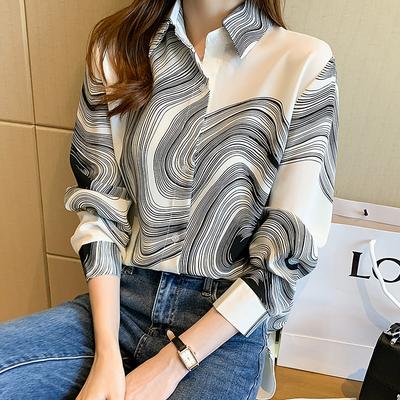 Vintage Ink Painting Printed Long Sleeve Shirts Women Elegant Fashion New Tops Loose Casual Blouses Women Button Up Slim Fit Office Ladies Shirt 26333
