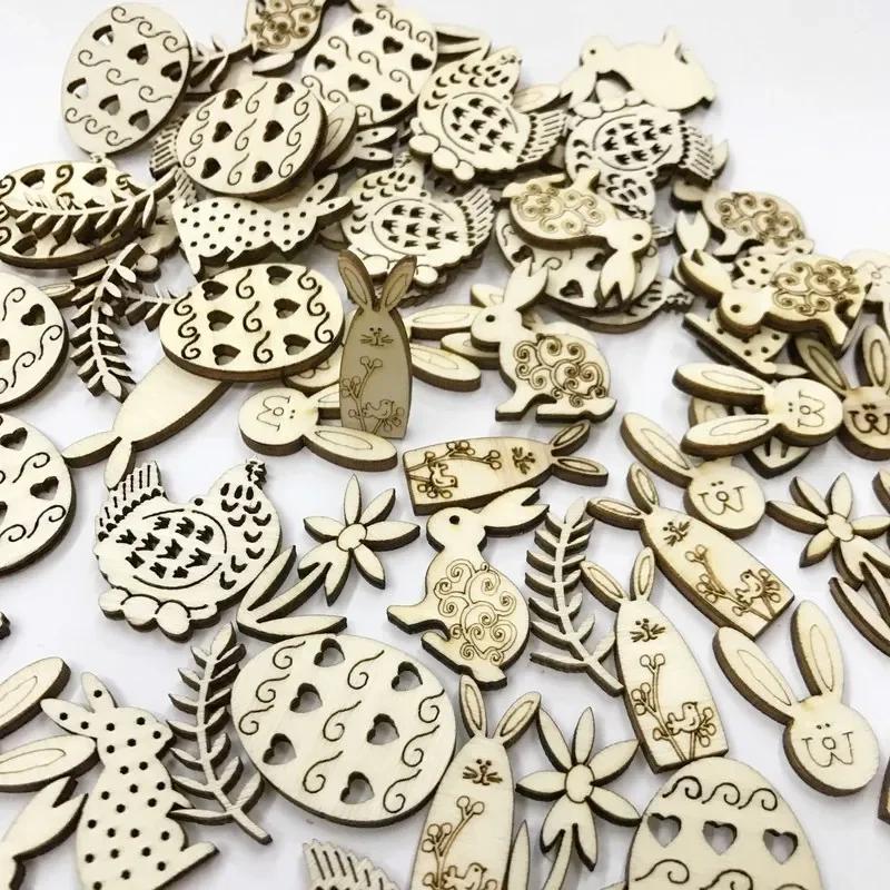 Hot Sale 50pcs Mix Shape Easter Wooden Wood Hanging Pendant  Party Supplies Craft DIY Ornament Hanging Tag Happy Easter Decor