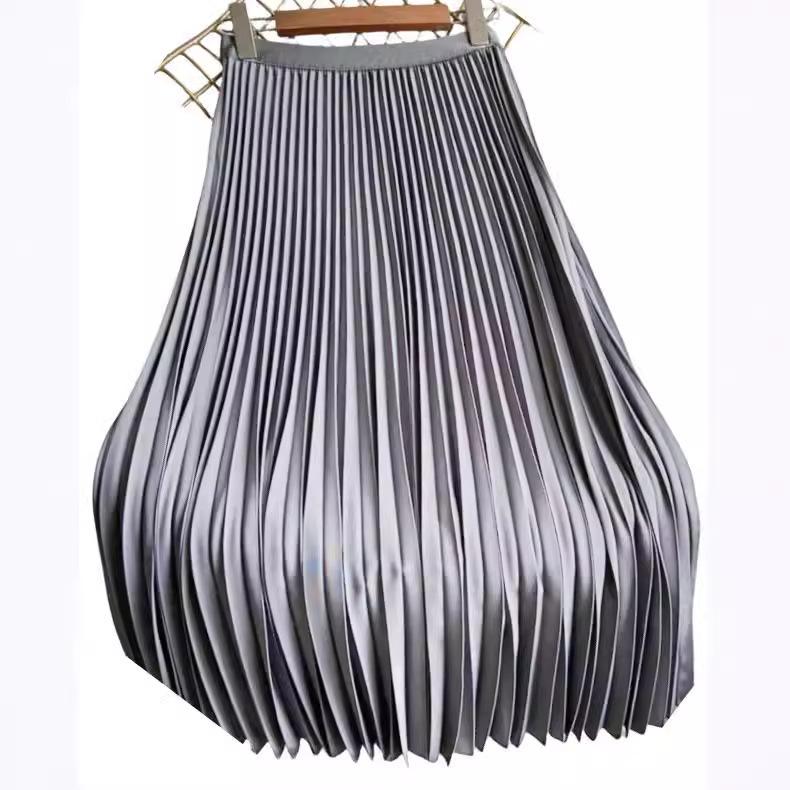 European & American Pearlescent Satin Pleated High-Waisted Swing Skirt
