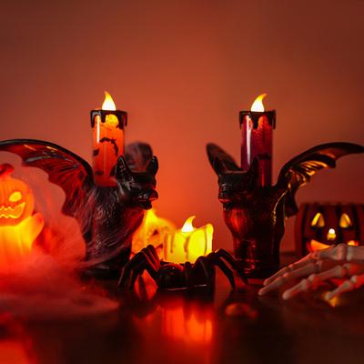 Halloween LED Fledermaus Kerzenlampe Flammenlose Flackernde Tischkerzenlampe Horror Schwarze Fledermaus Statue Kerzenständer für Innendekoration