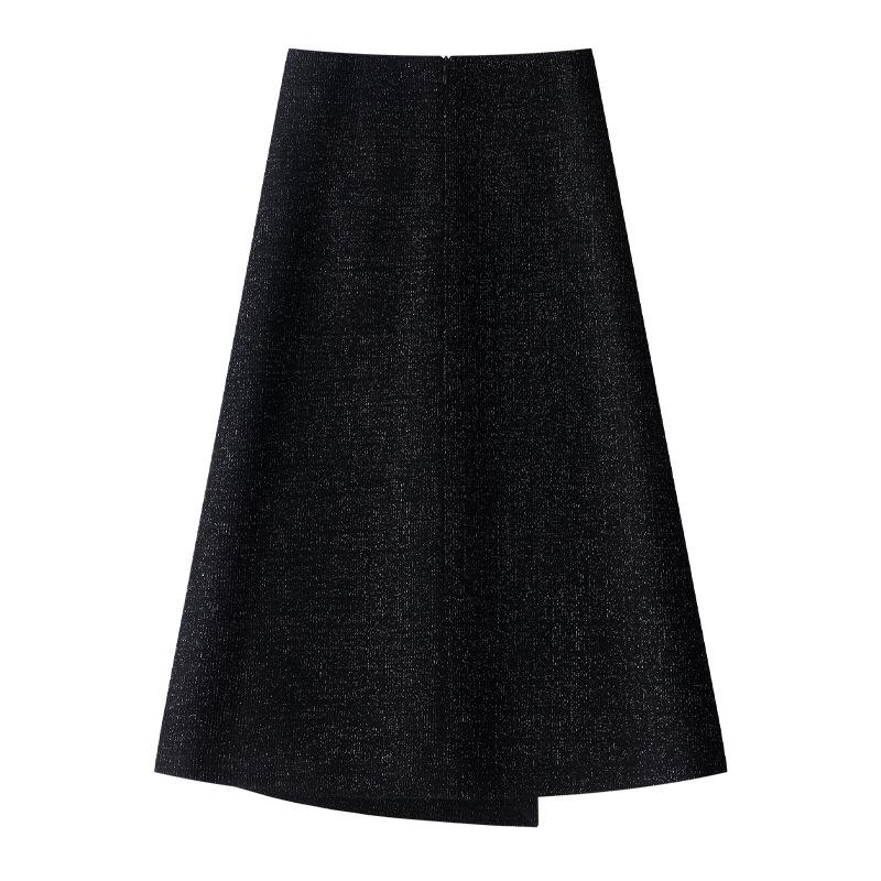 Women's Black Wool A-line Midi Skirt with Irregular Hem for Autumn/Winter 2024