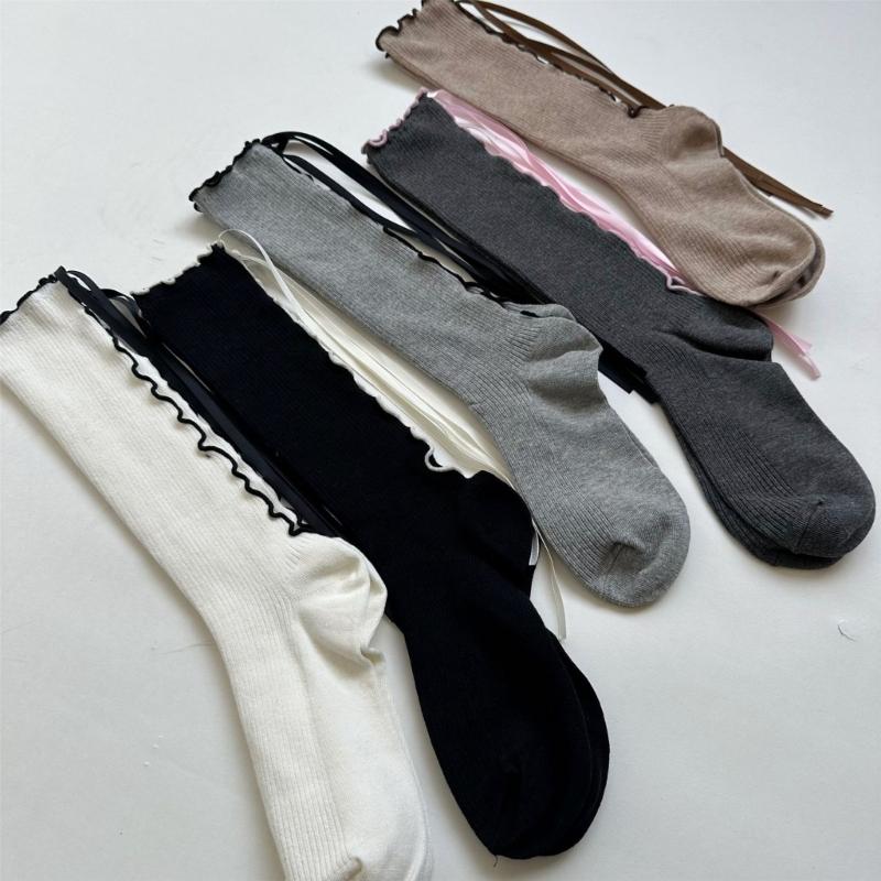 Japanese Style Fashion Middle Tube Calf Socks Women JK Girl Cute Bandage Bowknot Ruffke Trim Cotton Long Socks Stockings