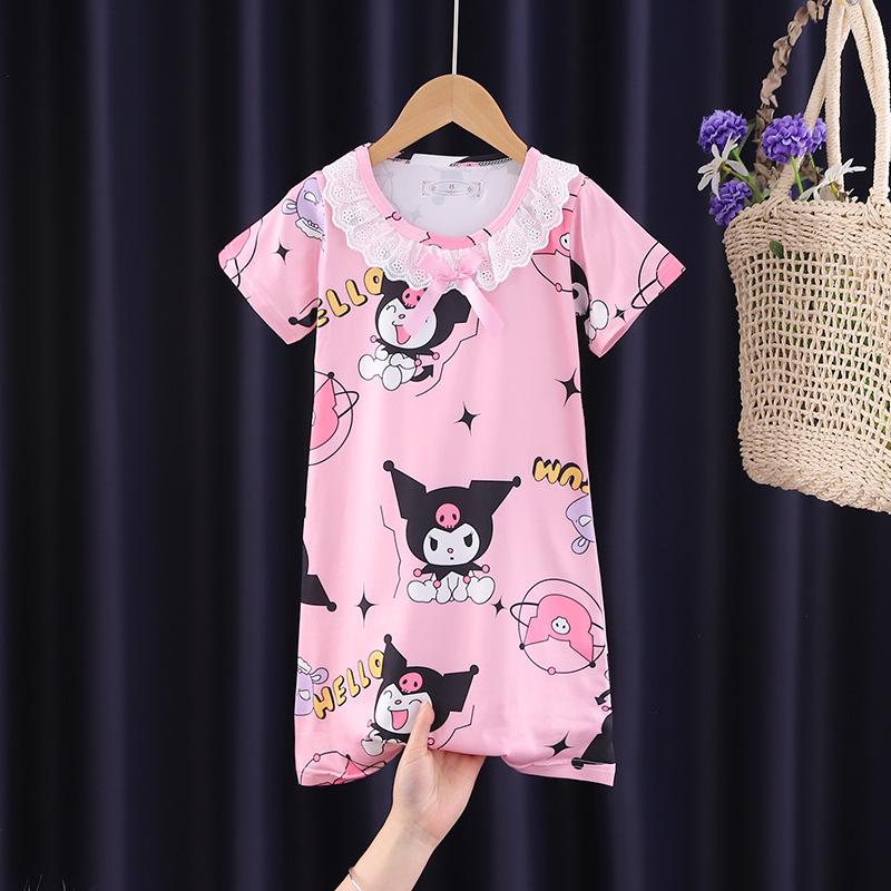 Lace Short Sleeve Cartoon Nightgown for Girls - Summer Pajamas