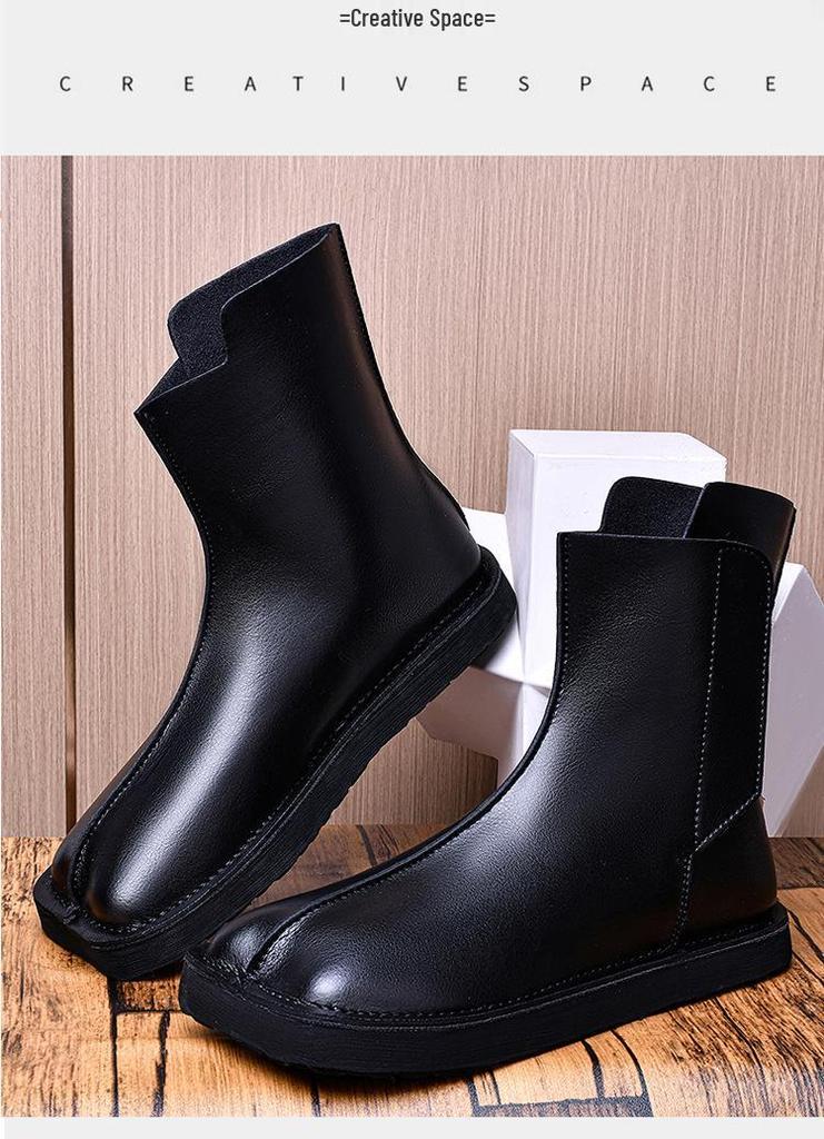 Men's Large Size High-Top Leather Boots: Fashionable Youth, Square Toe, Slip-On Chelsea Riding Boots (Sizes 45-47)