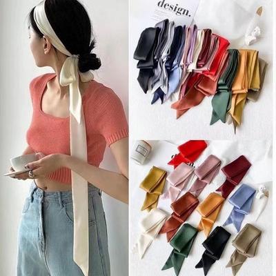 Fashion Women Narrow Solid Color Long Silk Scarf Satin Neck Tie Handle Bag Ribbons Luxury Headbands Skinny Scarves Neckerchief