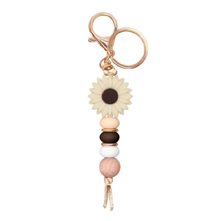 

Versatile Floral Design Key Ring Soft Comfortable Touch Beaded Key Chain Silicone Construction Long Use бежевий