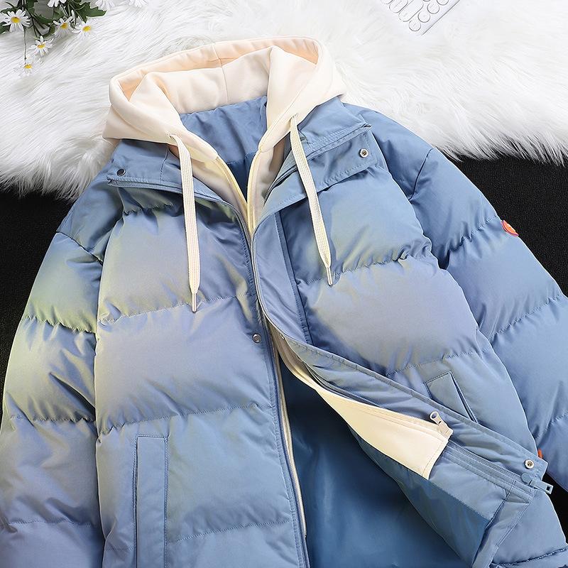 

2025 зима новый утолщенный теплый хлопковый пуховик с капюшоном свободный большого размера молодежный повседневный пиджак из двух частей с хлопковой подкладкой 4XL синий