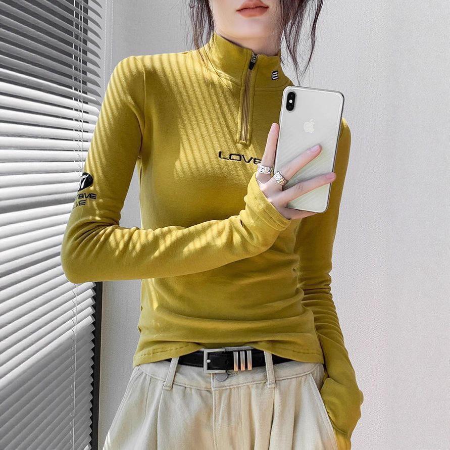 Women's Double-Sided Velvet Zipper Turtleneck Long Sleeve Top - Slimming and Warm for Autumn/Winter
