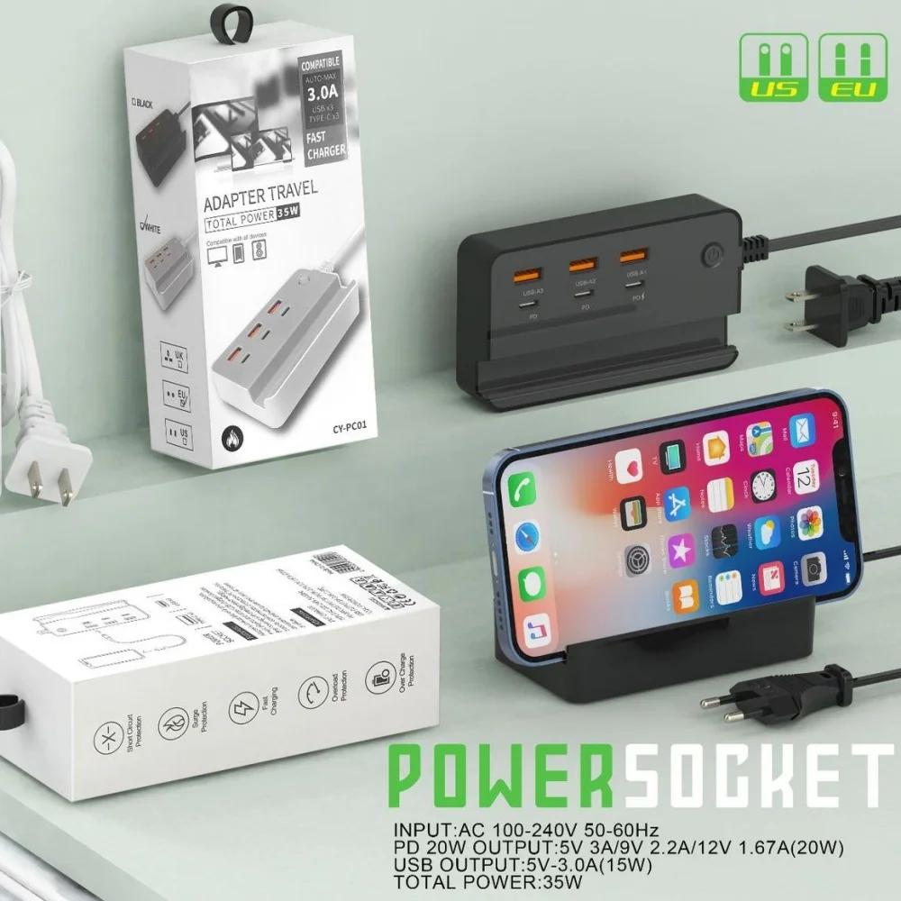 USB Type C Phone Charger Socket 35W 6 Ports Fast Charging Desktop Power Strip with Phone Holder for IPhone Samsung Xiaomi Huawei