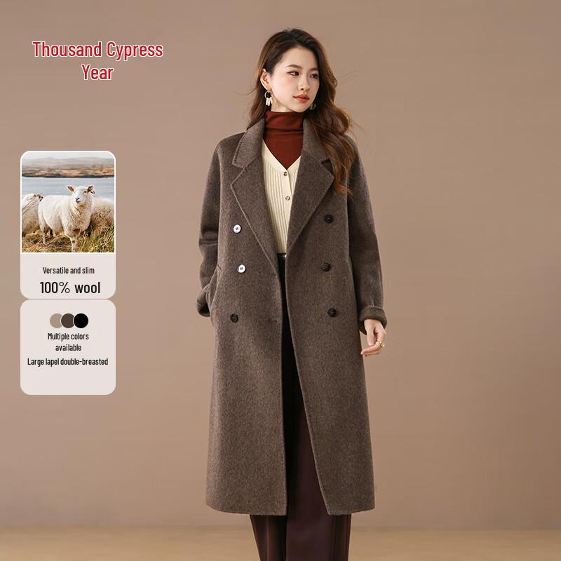 

Женское двубортное пальто-макси Qianbainian из 100% мериносовой шерсти с поясом M