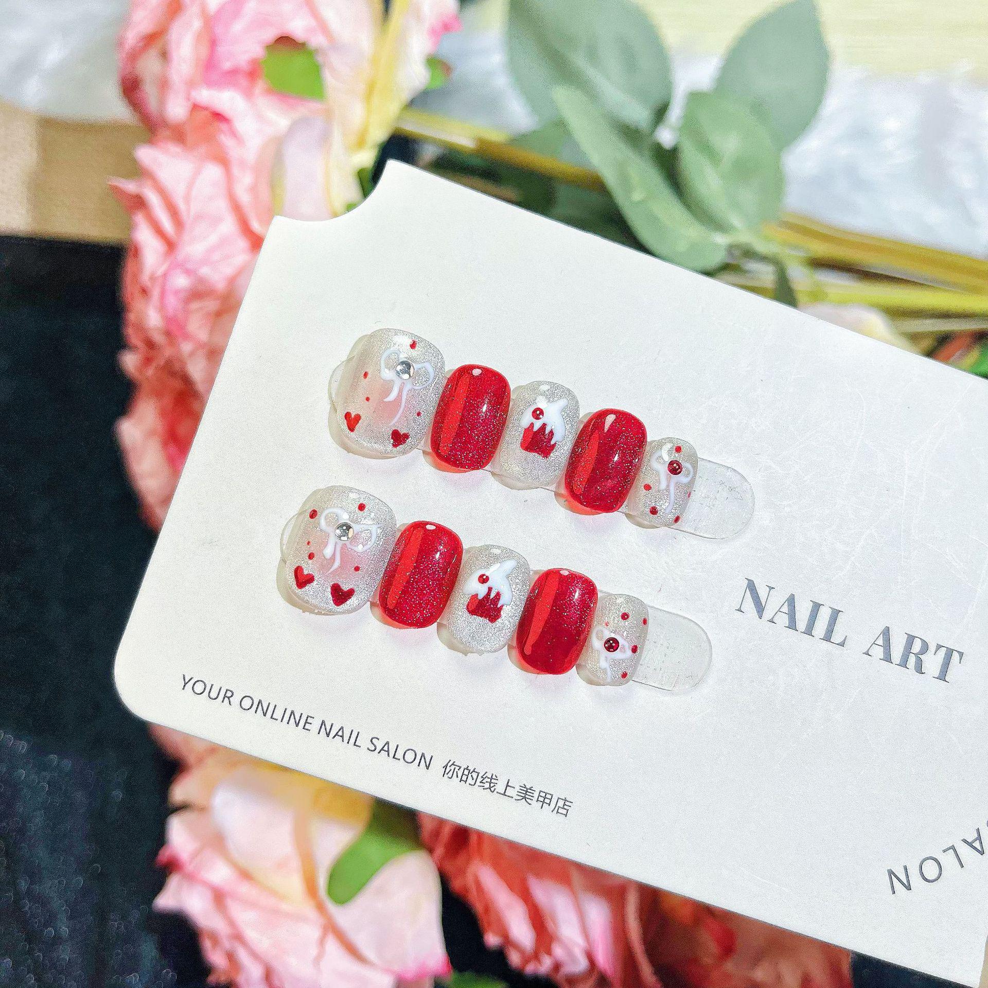 

Ручная работа Красные Ногти Кошачий Глаз со Стразами Medium