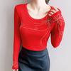Spring Autumn Women's Hotfix Rhinestone T-Shirt Elegant O-neck Full Sleeve Tees Slim Ladies Tops