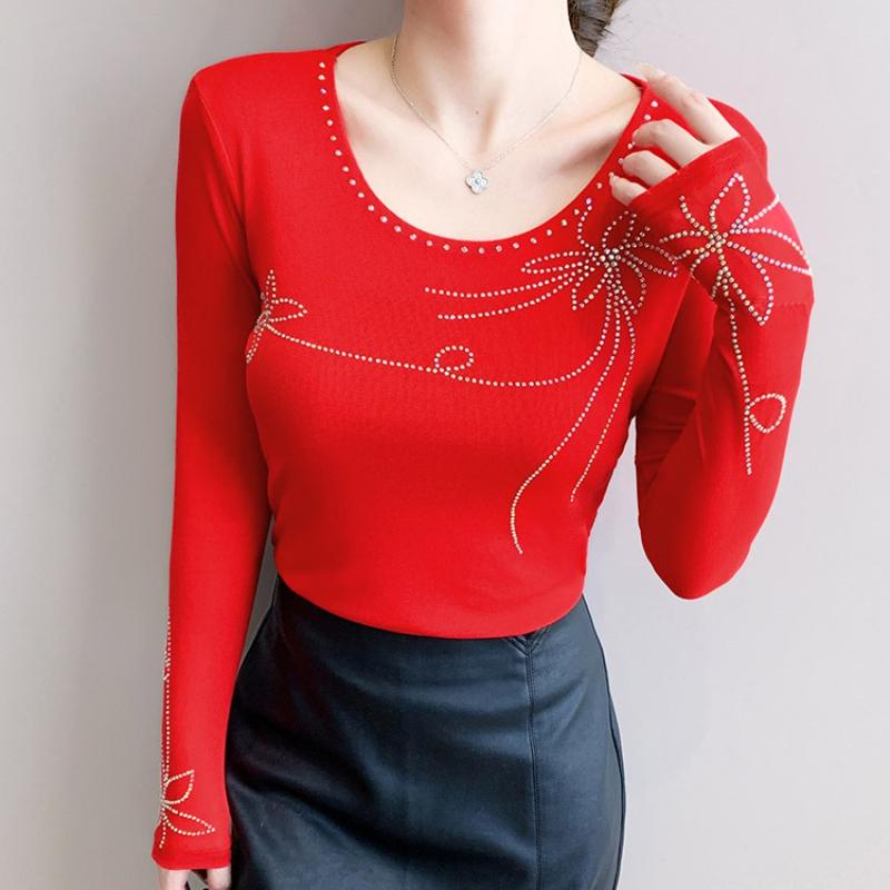 Spring Autumn Women's Hotfix Rhinestone T-Shirt Elegant O-neck Full Sleeve Tees Slim Ladies Tops