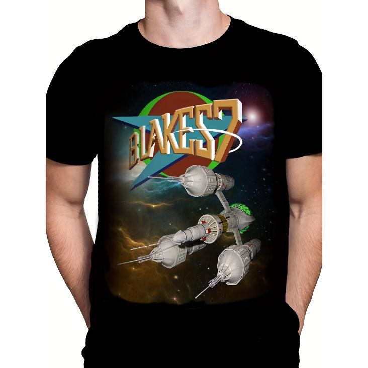 Men S Blakes 7 Officially Inspired Sci-Fi TV Show Graphic T-Shirt - Retro Spaceship 7 & Blakes Lettering Design, Nebula Space Theme with Iconic S чёрный