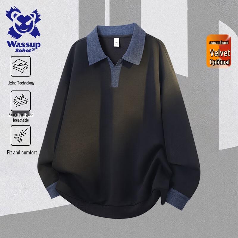 Wassup Sohot Men s Spliced Long Sleeve Polo T-Shirt 2XL