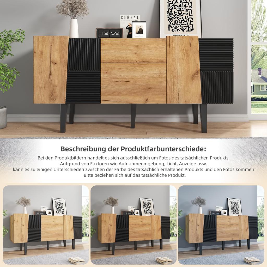 Sideboard 2 Türen, 2 Schubladen, Moderne Kommode TV-Schrank Stauraum, Buffetschrank Anrichte Esszimmer, Wohnzimmer, Schlafzimmer, Eiche & Schwarz