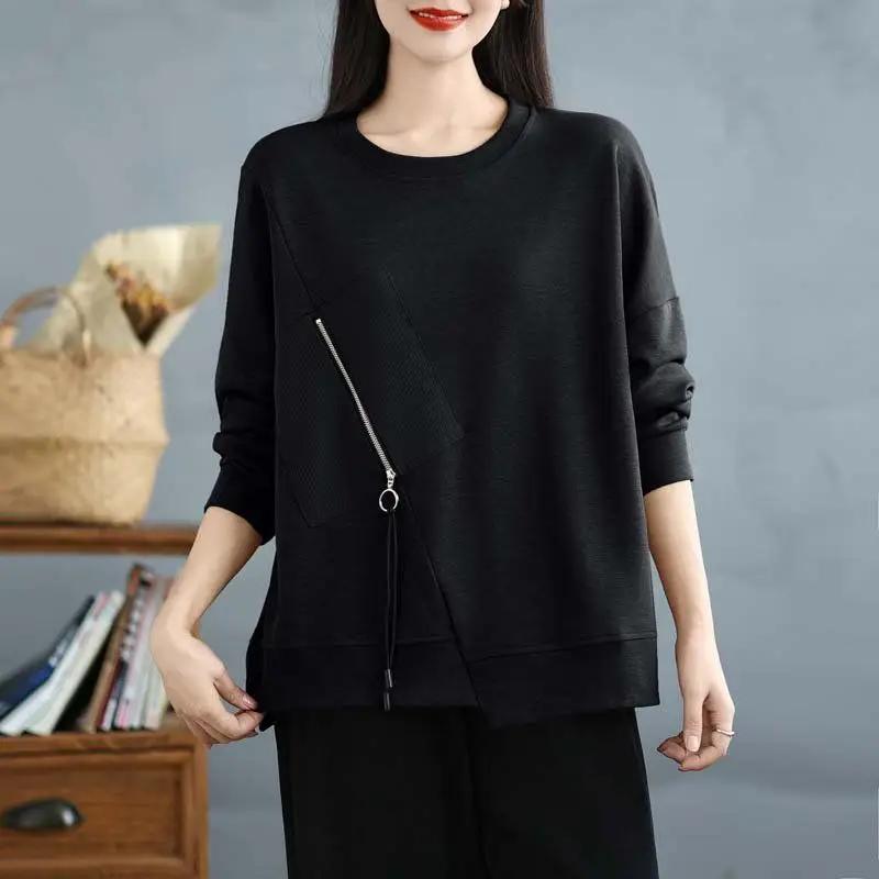 Autumn and Winter Loose Long-sleeved T-shirt Base Shirt Design Sense of Niche Irregular Round Neck Sweatshirt for Women