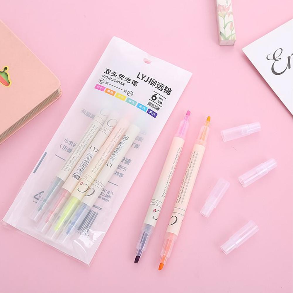 6Pcs/Set Double-headed Highlighter Kawaii Stationery Color Marker School Supplies Student Marker Cute Stationery