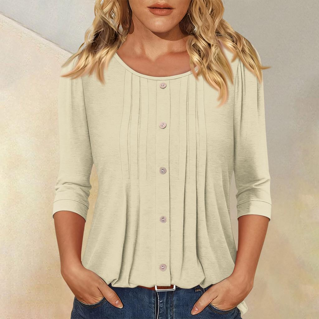 Women's Fashionable Casual Three,quarter Sleeve Button Color Round Neck Top