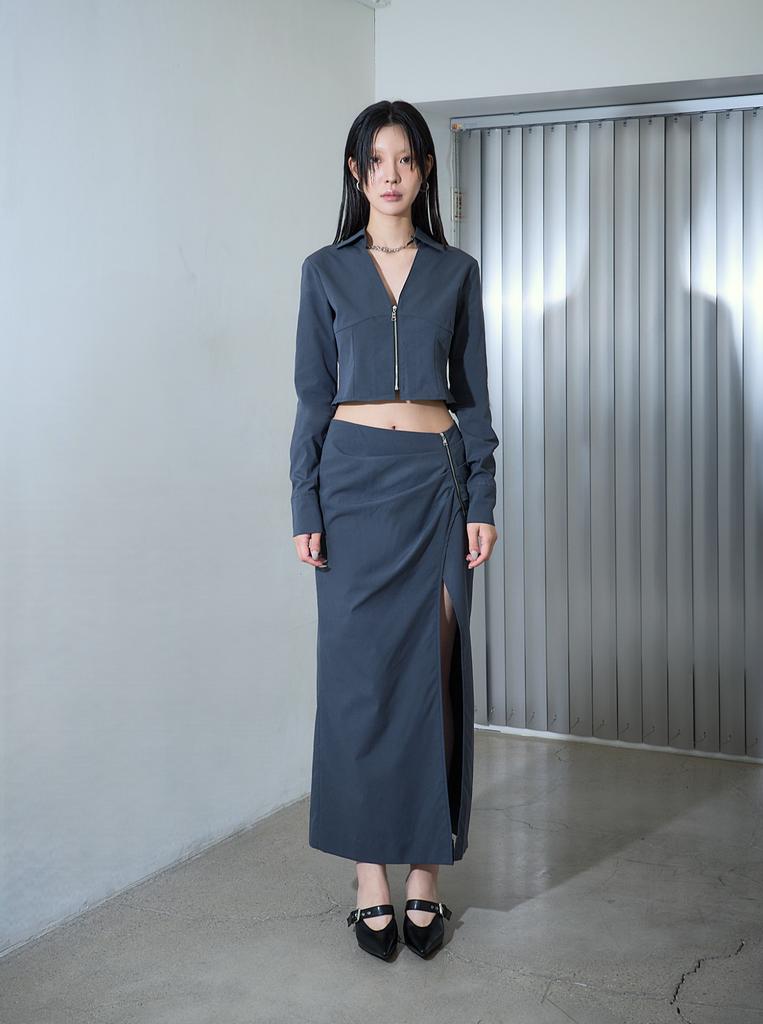 Nogtabeu Zipper Slim Long Skirt Gray