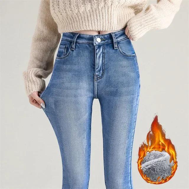 Women's High-Waisted Fleece-Lined Slim-Fit Denim Jeans for Winter Warmth