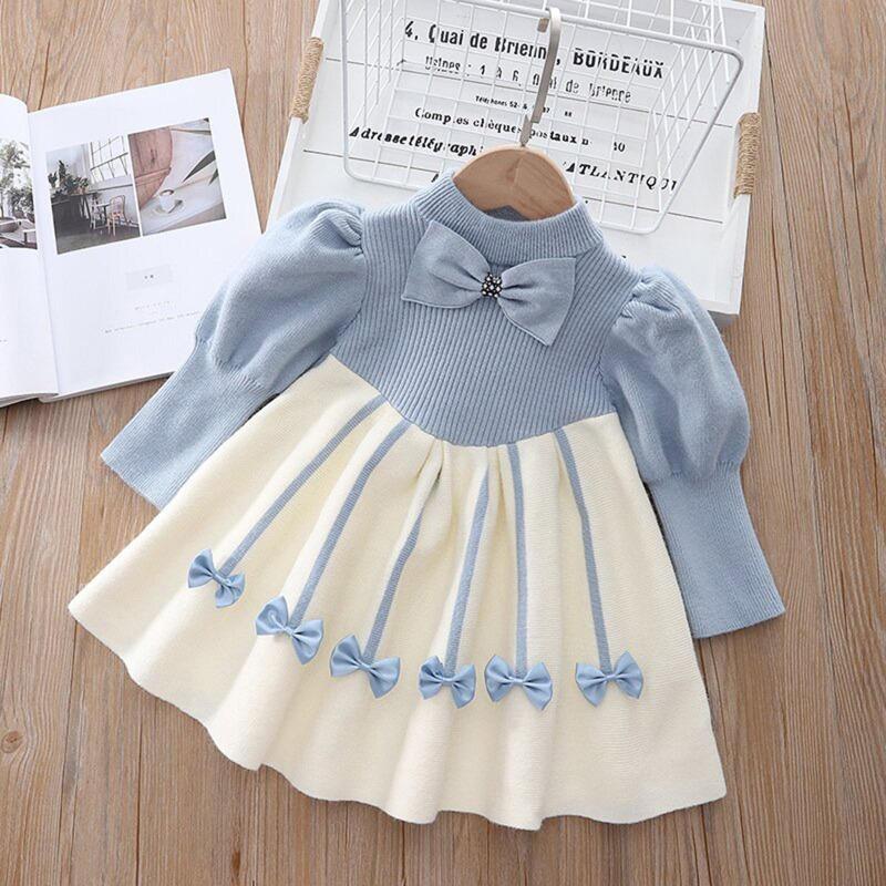 1 do 6T Dziecięce dziewczęce sukienki z kwiatowym nadrukiem i kokardką Prążkowane, okrągłe dekolty, jesienne sukienki dla dziewczynek