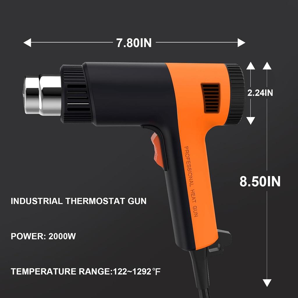 Heat Gun 2000W,6.56Ft UL Cord, Variable Temperature Control 122℉~1292℉, Fast Heat Hot Air Gun with 4 Nozzles, Overload Protection, for
