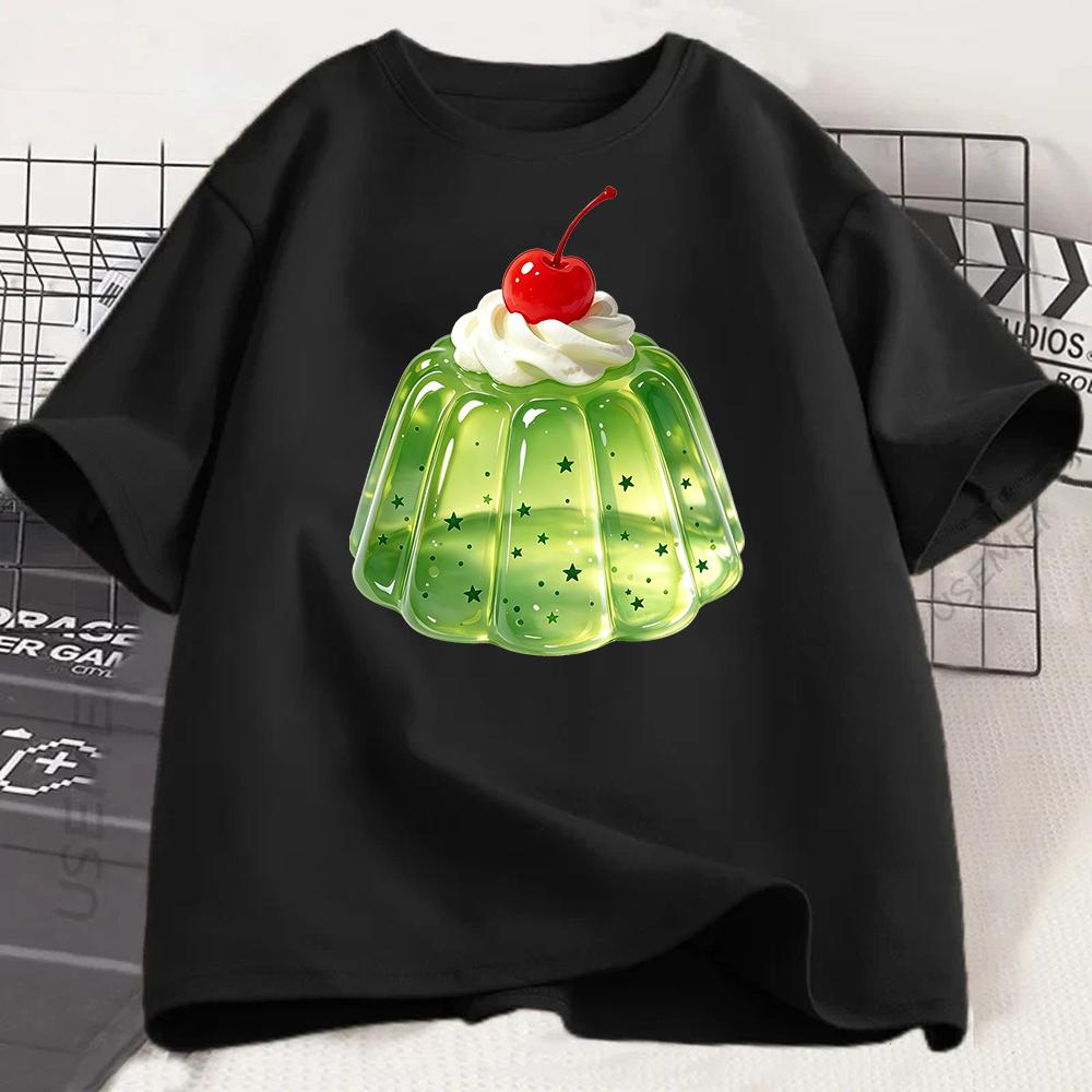 Summer New D Green Jelly Cherry Print Tshirt for Women Versatile Round Neck Short Sleeved Top Cute Sweet Casual White Half