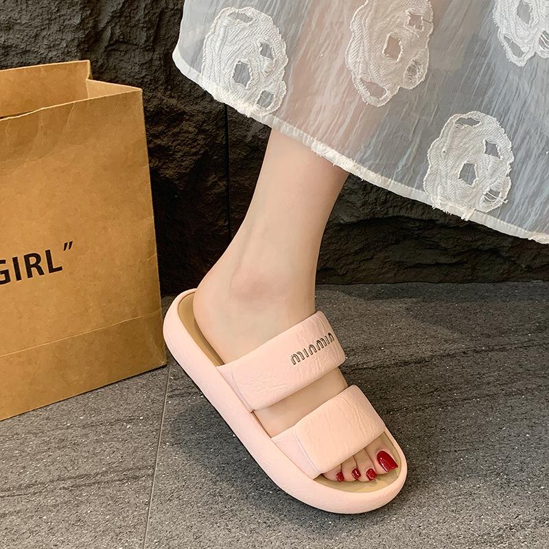 

Bread thick-soled slippers women s summer wear new Velcro beach soft-soled one-word cool slippers 36 розовый