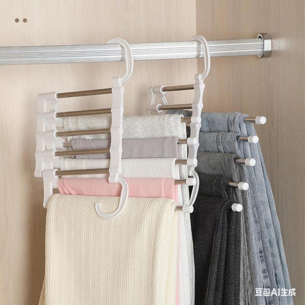 5 In1 Save Space Pants Hanger Collapsible Towel Tie Hook Multi-functional Clothes Trouser Rack Wardrobe Closet Organizer Storage