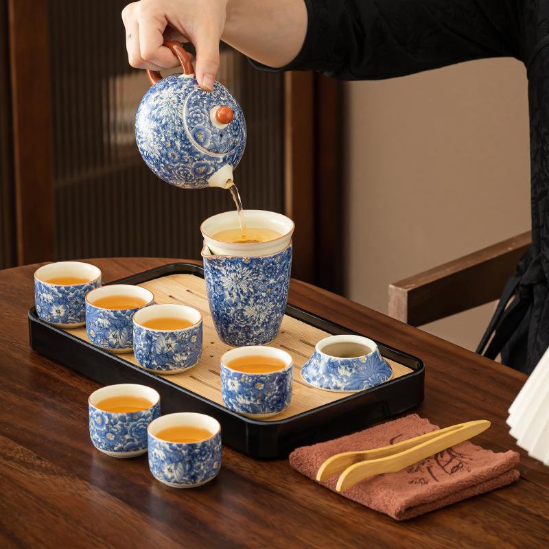 Light luxury flower Huang Ru tea set, household ceramic opening film can raise retro whole set of kung fu tea printing