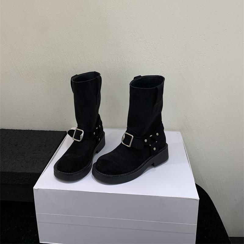 Retro Nischenmode Stiefeletten für Damen Herbst und Winter 2025 neue Mode Gürtelschnallendesign Stiefeletten
