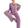 2 Pcs/Set Spring Women Top Pants Suit Long Sleeves V Neck Bow Shirring Decor Top Elastic Waist Thread Pants
