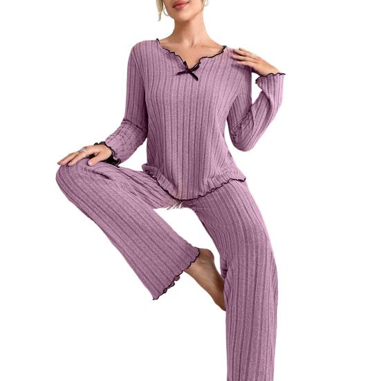 2 stk/sett Vår Dame Topp Bukser Dress Langermet V-hals Sløyfe Rynkedekor Topp Elastisk Midje Trådbukser