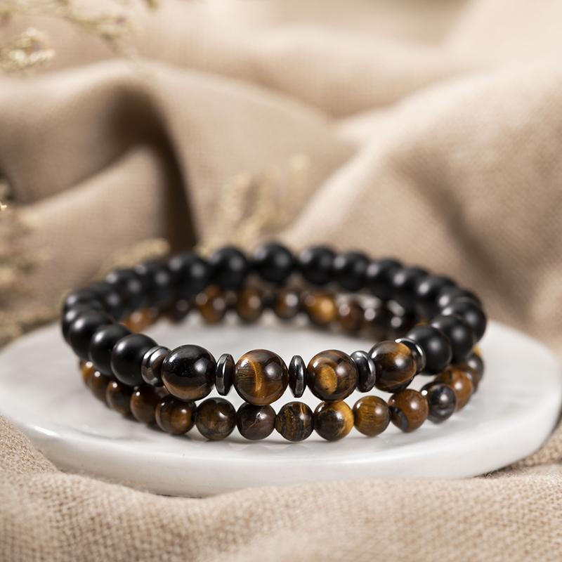 Noter 5 Colors Men Bracelet Set 2Pcs/Pair Tiger Eyes Howlite Stone Strand Braclet Positive Energy Healing Braslet Pulsera Homme