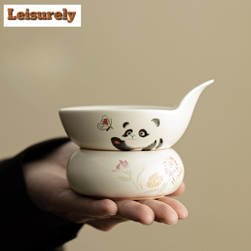 Cream Ding Kiln Panda Play Butterfly Tea Separator Infusor Vintage Tea Strainer Dispenser Tea Making Filter Tea Services Craft